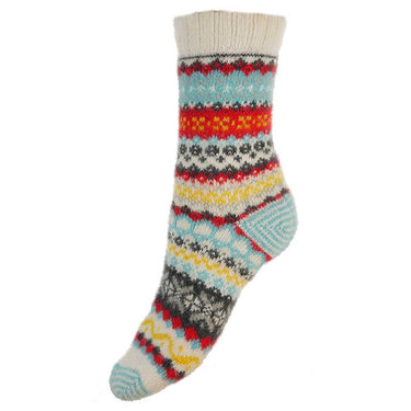 Pale blue, cream and red Scandi patterned soft Wool Blend socks