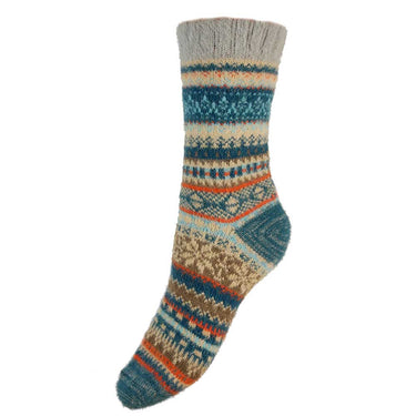 Teal, fawn and orange Scandi patterned soft Wool Blend socks