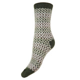 A single knit sock with a diamond mesh pattern in olive green, brown, and off-white, featuring solid dark green toe, heel, and cuff sections, shown against a plain white background.