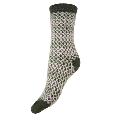 A single knit sock with a diamond mesh pattern in olive green, brown, and off-white, featuring solid dark green toe, heel, and cuff sections, shown against a plain white background.