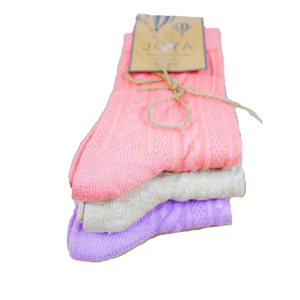 3 pairs of salmon pink, fawn and purple soft, fine knit cable socks