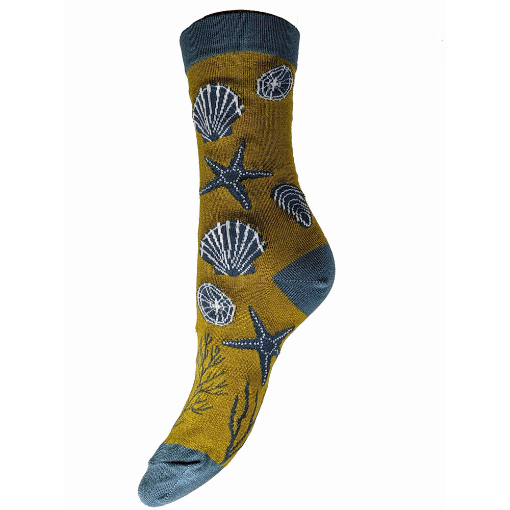 Mustard with blue heel toe and cuff and Seashells Bamboo Socks Size 4-7 UK 