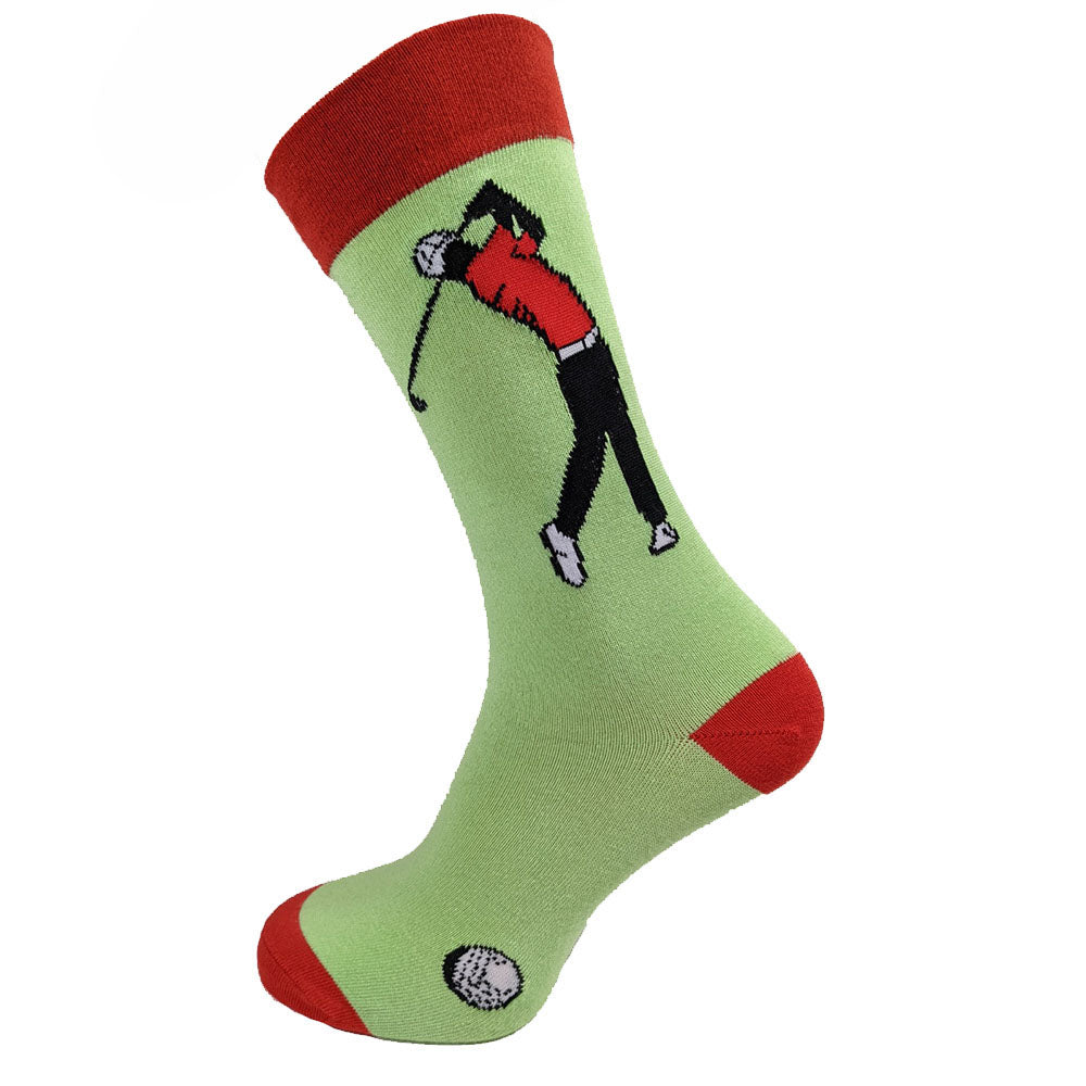 Green bamboo socks with red heel toe and cuff with golfer and ball, size 7-11