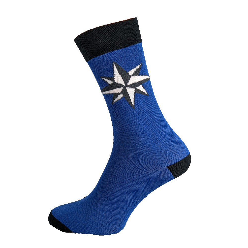 Navy blue bamboo socks with black heel toe and cuff, white Northern Star motif, size 7-11