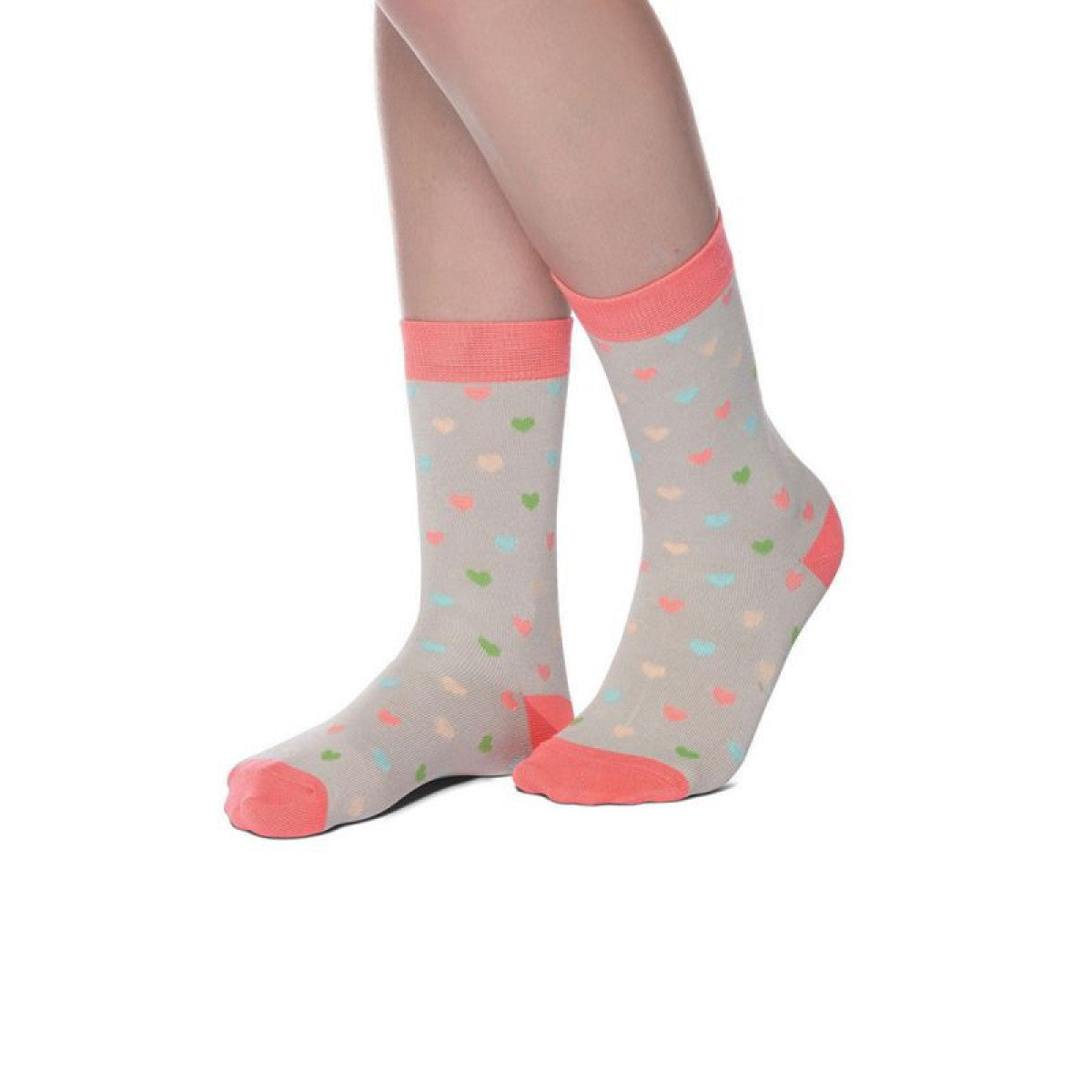 Grey bamboo socks with pink heel toe and cuff and coloured hearts, size 4-7