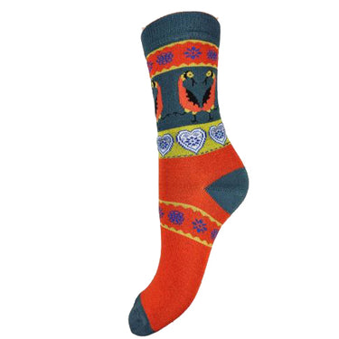 Orange red bamboo socks with grey heel toe and cuff with goose and heart pattern around ankle, size 4-7