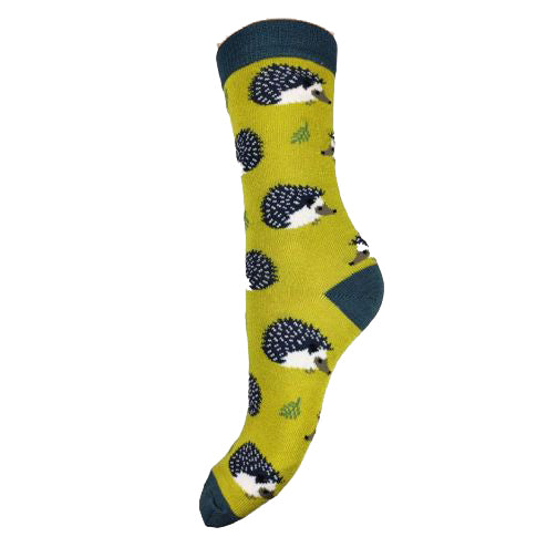 Lime green bamboo socks with grey heel toe and cuff and Hedgehogs, size 4-7