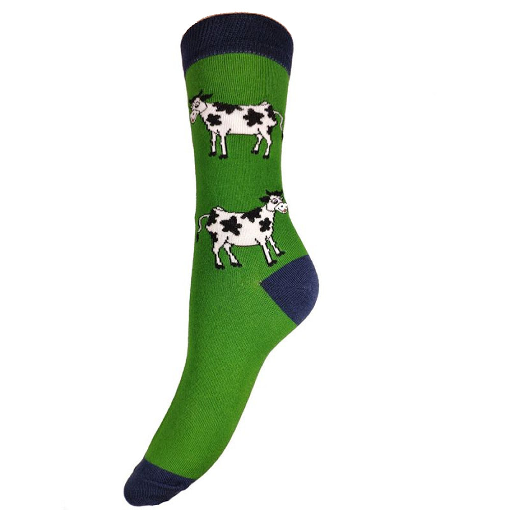 Green bamboo socks with navy heel toe and cuff with Happy Cow motif, size 4-7