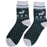 Thick green wool blend socks with grey heel toe and cuff and reindeer motif at cuff, size 7-11