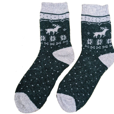 Thick green wool blend socks with grey heel toe and cuff and reindeer motif at cuff, size 7-11