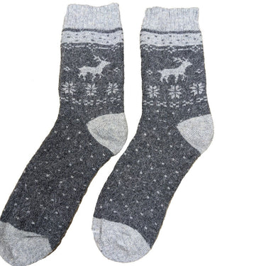 Dark grey fluffy socks with pale grey heel toe and cuff and Reindeer and snowflake motif, size 7-11