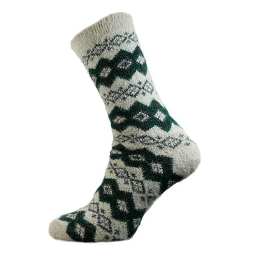 Cream mens wool socks with green diamond pattern, size 7-11