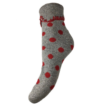 Grey cuff socks with dark red spots, bed socks size 4-7