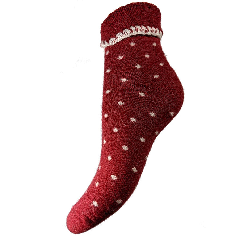 Burgundy cuff socks with white dots, bed socks size 4-7