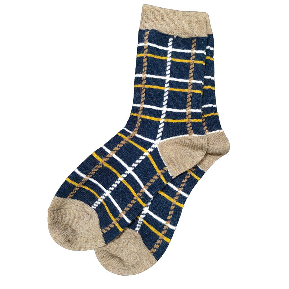 Blue ladies wool blend socks with beige heel toe and cuff, yellow and white criss cross pattern, size 4-7