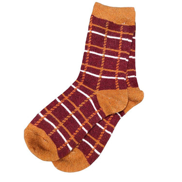 Red wool blend socks with tan heel toe and cuff and white criss cross pattern, size 4-7